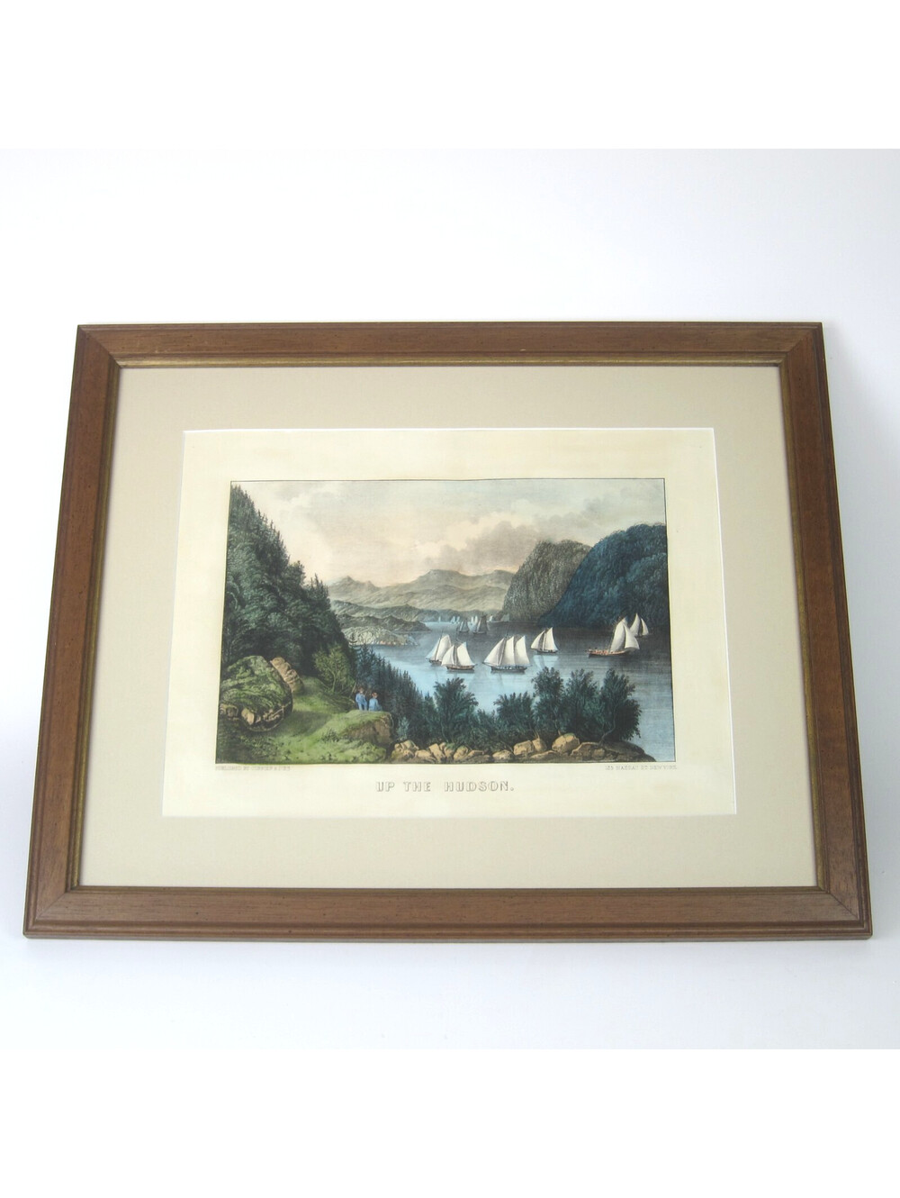 Antique Currier & Ives Hand Colored Lithograph Print Up The Hudson River Framed
